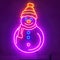 Snowman Christmas seasonal icon, retro neon sign, bright electric light signage