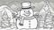 snowman with a Christmas tree black and white, a coloring book page, Outlined happy smiling