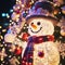 snowman and christmas tree Close up decorative snowman with lights and shiny outdoor Christmas decorations