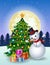 Snowman with christmas tree and gift boxes at night full moon background