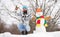 Snowman concept. Have fun frosty winter day. Let it snow. Christmas holidays. Active lifestyle. Snow games. Leisure on