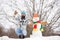 Snowman concept. Man bearded hipster cute knitted hat play with snow outdoors. Have fun frosty winter day. Let it snow