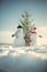 Snowman couple with green fir tree. Christmas or xmas decoration toy in basket.