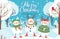 Snowman. Cute funny snowmen in winter clothes with gift and snowball outdoor. Christmas and happy new year greeting card