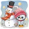 Snowman and Cute Penguin girl in a hat