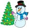 Snowman decorating Christmas tree