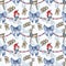 Snowman and deer with wooden sledges and Christmas tree decorations. Cute watercolor seamless pattern. Winter fabric, wrapping