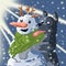 Snowman and dog, christmas illustration, christmas night, shining tree, festive mood