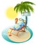 Snowman eating ice cream. Snowman in deck chair under air conditioner. Snowman under palm tree
