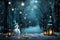 A snowman embraced by the warmth of a candle surrounded by glowing lanterns and snowfall, AI Generated