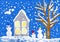 The snowman family stands near the house on winter day. Children`s drawing applique