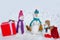 Snowman - father, mother and snowman - baby surprise outdoor. Greeting snowman family, parenthood concept. Delivery