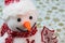 Snowman figurine isolated close up on details. Christmas composition with seasonal decorations and ornaments, christmassy mood