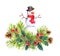 Snowman, fir tree, christmas mistletoe. Watercolor
