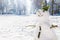 Snowman with fountain and advent stalls of Zrinjevac Park in Zagreb in winter with snow and sunshine, Croatia, Europe