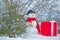 Snowman with freshly cut down christmas tree in forest. Young snowman lumberjack bears fir tree in the white snow