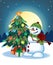 Snowman With Green Head Cover And Green Scarf Playing The Violin With Christmas Tree And Full Moon At Night Background For Your De