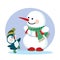 Snowman in a green scarf and a little penguin in a hat rejoice that Christmas and winter have arrived,