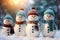 Snowman group in winter forest. Merry snowmen are standing in a snowy meadow. Generative AI