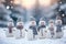 Snowman group in winter forest. Merry snowmen are standing in a snowy meadow. Generative AI