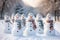 Snowman group in winter forest. Merry snowmen are standing in a snowy meadow. Generative AI