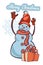 Snowman hand drawn with gift box and snowflakes. Vector image. Merry Christmas text on top.