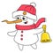 Snowman is happy carrying christmas bells, doodle icon image kawaii