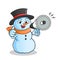 Snowman happy hold handy loudspeaker mascot vector cartoon illustration
