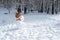 Snowman in a hat, with a carrot in a forest glade in the snow, the concept of winter entertainment