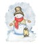 Snowman with hat, scarf, street oil lamp and mittens on winter snow background