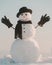 Snowman with hat and scarf in winter outdoor. Snowman gentleman in winter black hat, scarf and gloves. Christmas and