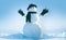 Snowman with hat and scarf in winter outdoor. Snowman gentleman in winter black hat, scarf and gloves. Xmas or christmas