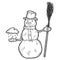 Snowman holds broom and cloud of snow in his hand. Sketch scratch board imitation.