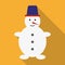 Snowman icon. Snowman in flat design with long shadow. Winter and Christmas card template. Colorful vector illustration.