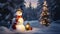 Snowman Illuminated by Candlelight in a Nighttime Winter Forest - Enchanted Woodland - Generative AI