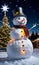 A Snowman Illuminated By Christmas Tree Lights, With Stars Twinkling In The Night Sky. Generative AI