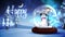 Snowman inside snow globe with magic christmas greeting