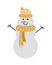 Snowman Isolated on White in Yellow Cap and Scarf