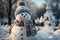 Snowman in Joyful Winter Wonderland with Snow-Covered Trees Christmas Background, generative AI