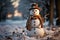 Snowman in Joyful Winter Wonderland with Snow-Covered Trees Christmas Background, generative AI