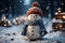 Snowman in Joyful Winter Wonderland with Snow-Covered Trees Christmas Background, generative AI