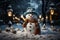 Snowman in Joyful Winter Wonderland with Snow-Covered Trees Christmas Background, generative AI