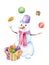 Snowman juggles Christmas tree toys