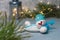 Snowman knitted in blue scarf and hat stand under mug, aksessuar