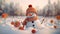 Snowman in knitted caps and scarfs on snow in the winter. Generative AI