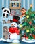 Snowman with a lantern and wearing a hat, red sweater and a red scarf with christmas tree and fire place Illustration