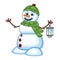 Snowman with a lantern and wearing a head cover and a green scarf for your design Vector Illustration