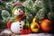 Snowman with the lgbt rainbow colors in a winter Christmas scene with snow, pine trees and warm light. Merry Christmas background
