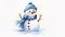 Snowman,Light Azure & Brown Watercolor Art on Bright White Background