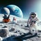 Snowman on the moon with Earth and astronaught behind